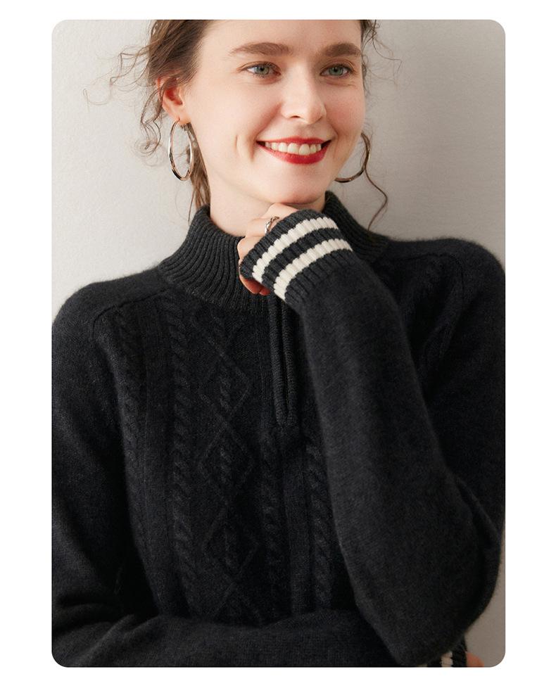 Women's High Neck Half-Zip Cashmere Sweater - 2025 Autumn/Winter Korean Style Jacquard Knit Warm Base Layer