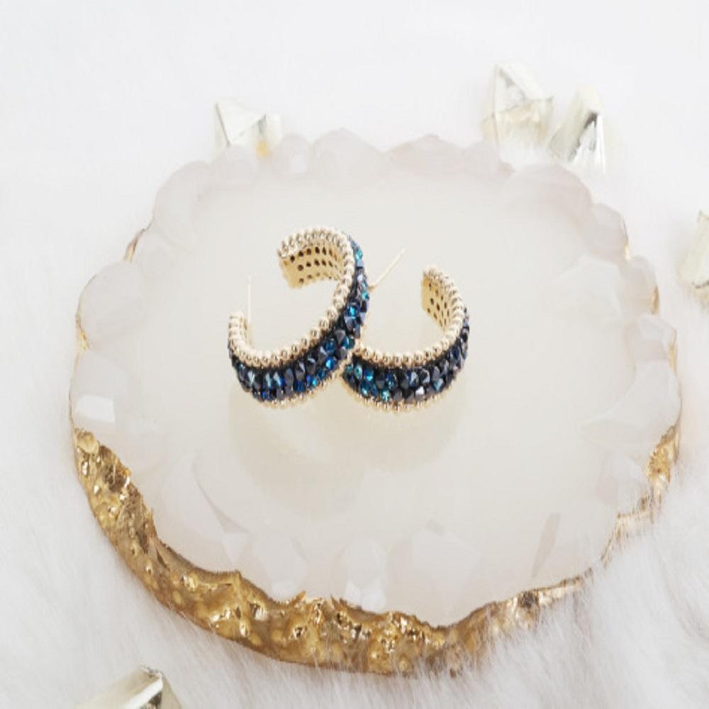 [Juana Yoon] Crystal Silver Needle Half Ring Earrings