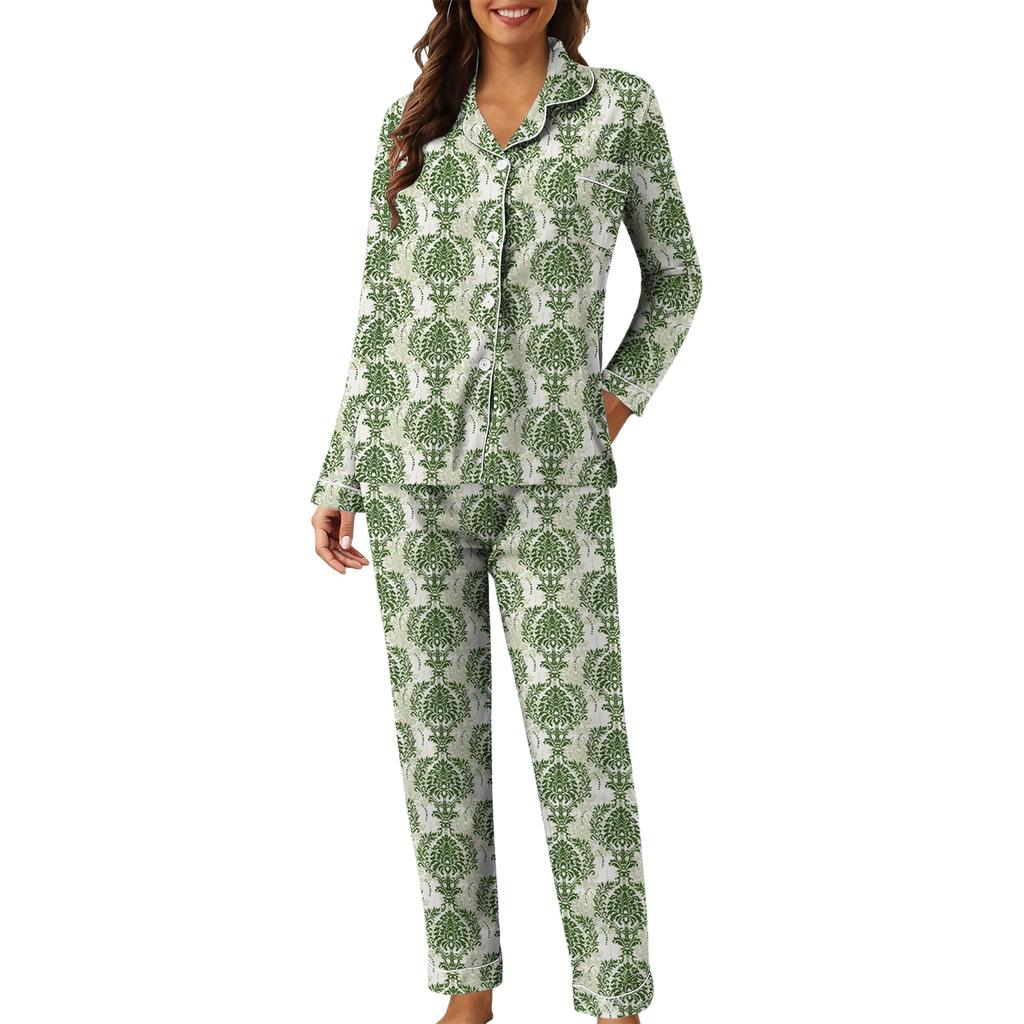 Women's Casual Fashion Vintage Print Long-Sleeved Top And Trousers Homewear Set