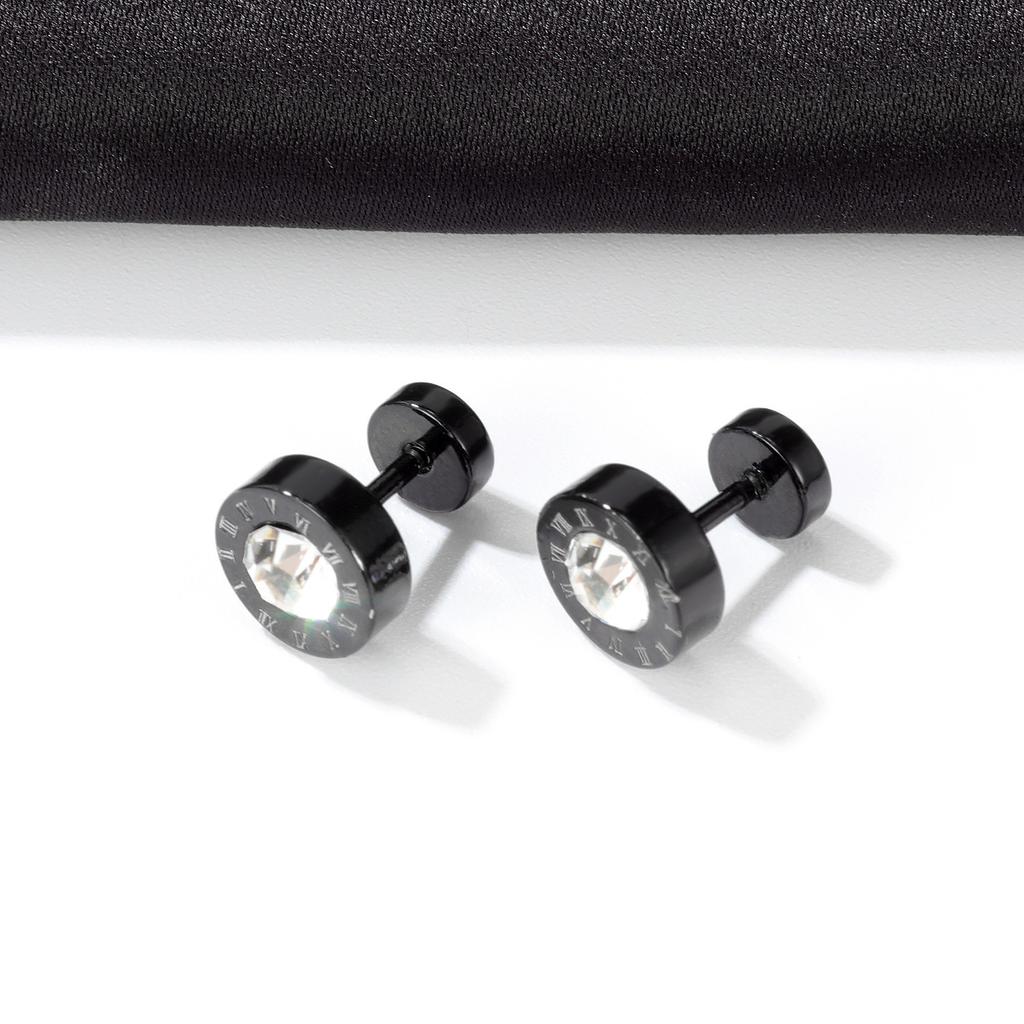 Men's stud earrings punk style personality black titanium steel stud earrings hip hop high sense trendy men Roman digital earrings