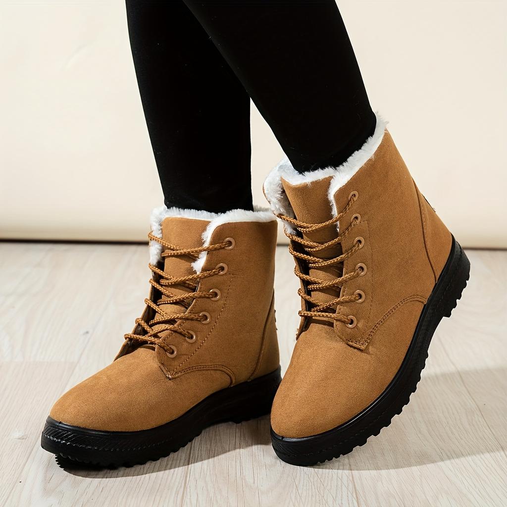 Damen Einfarbige Kurze Stiefel, Lässige Schnürstiefel mit Plüschfutter, Bequeme Winter-Knöchelstiefel