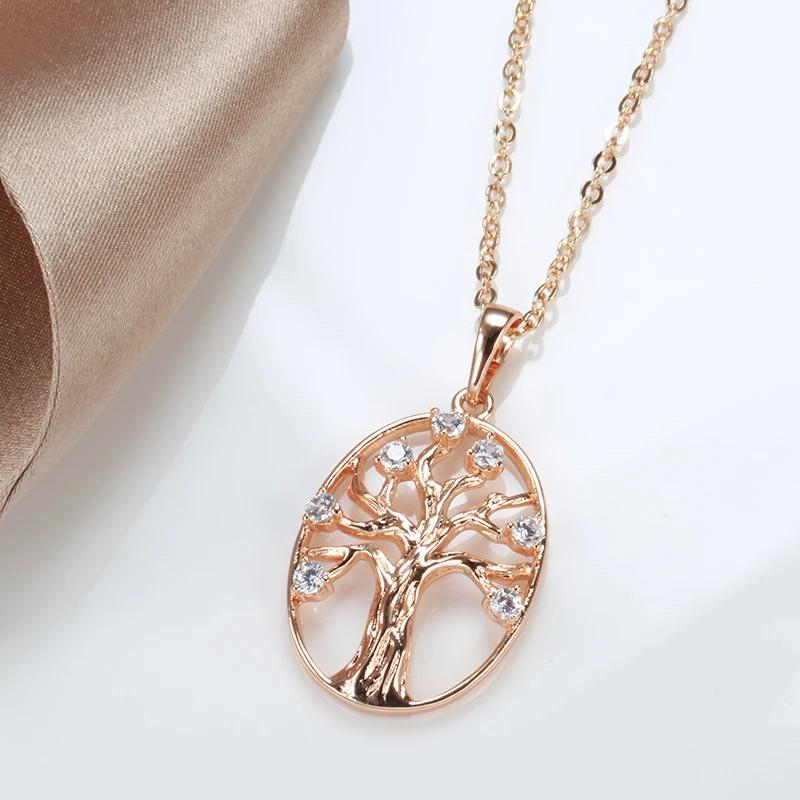 Rose Gold Color Lucky Tree Pendant Necklace For Women Natural Zircon Pendant For Woman Vintage Daily Fine Jewelry