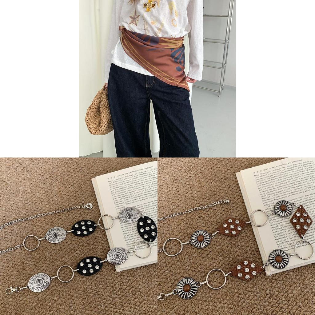 Beaded Waist Belt With Metal Chain And Silk Scarf For Daily Fashion