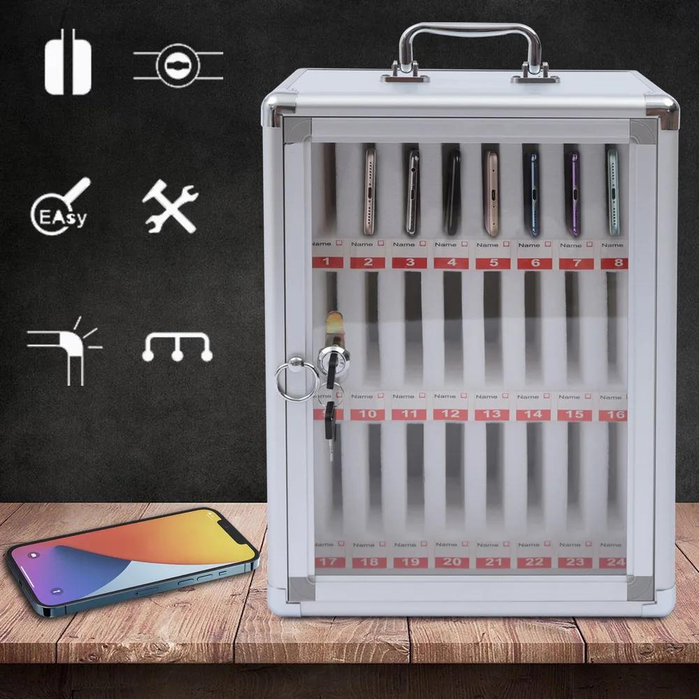 Bymaocar 24 Compartimentos Liga de Alumínio Telefone Celular com Fechadura 7 Alça de Transporte Caixa Armário de Armazenamento de Telefones Celulares Montado na Parede e de Mesa