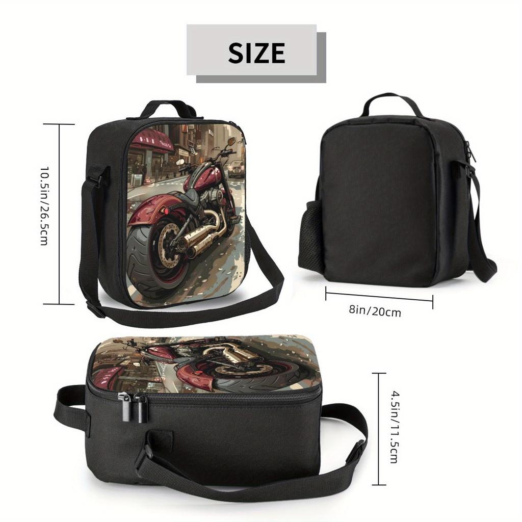 1pc Motorcycle Illustration Insulated Lunch Bag - Waterproof Polyester, Ideal for Camping, Picnics & Outdoor Use