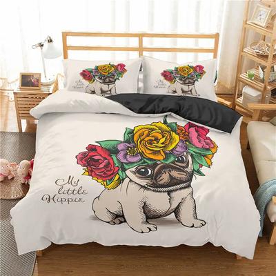 Mopshond Dekbedovertrek Set Huisdier Hond met Bloem Beddengoed Set Dieren Thema voor Kinderen Tieners Jongen Schattige Mopshond King Size Polyester Dekbedovertrek