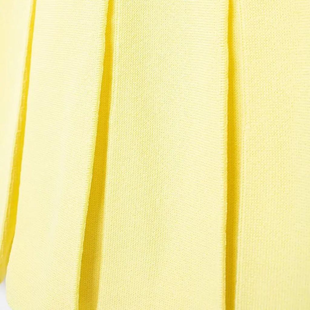 Dámské bledě žluté pletené plisované šaty Módní kapsy O-výstřih Bez rukávů A-linie Mini šaty Oficiální