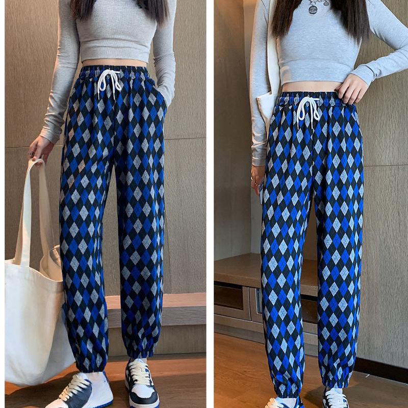 Summer Women's Harem Pants Plaid Print High-waisted Corset Casual Cropped Pants