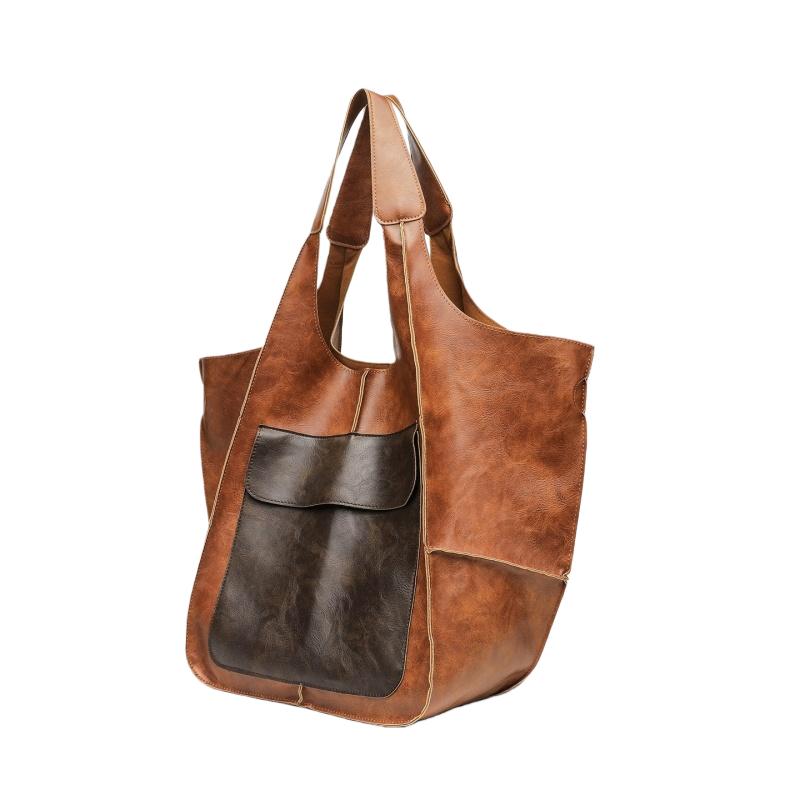 Retro Weiches Leder Tragetasche Lässig Patchwork Große Kapazität Handtaschen Vielseitig Farbblockierung Spleißung Damen Achseltasche