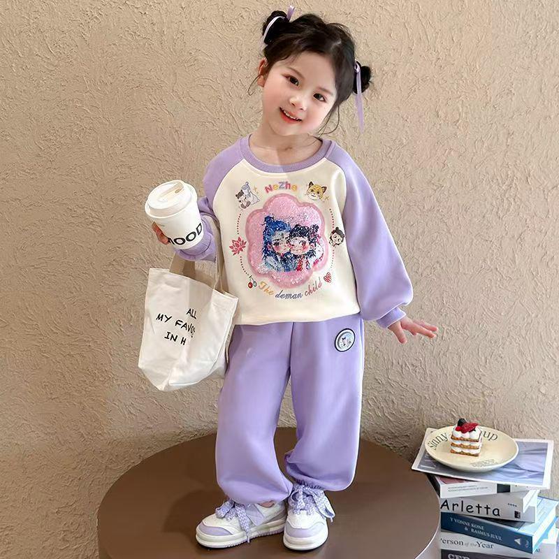 

Набор толстовки с пайетками для девочек Nezha 2025: Осенний костюм-двойка со светом Size 150