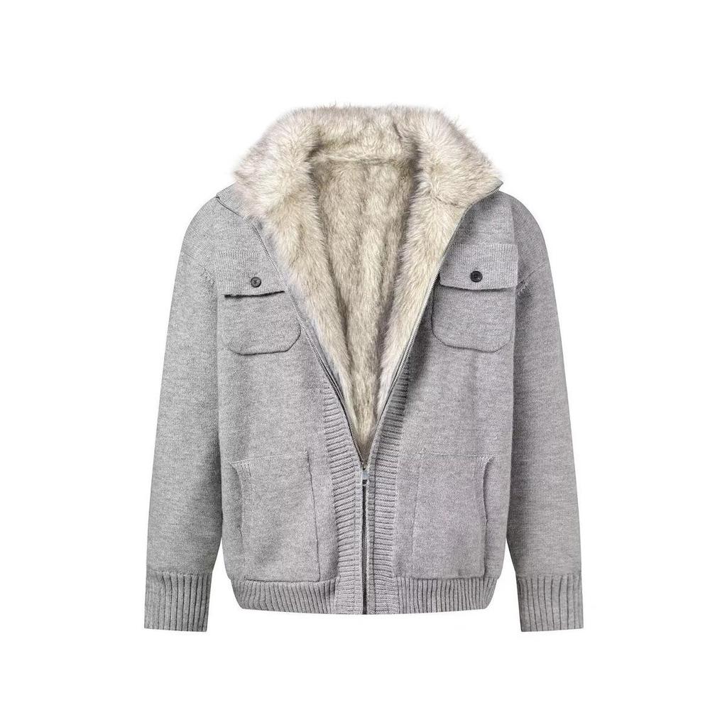 2026 Höst/Vinter Herrarbetsklädesstil Ståkrage Blixtlås Cardigan med Pälskrage