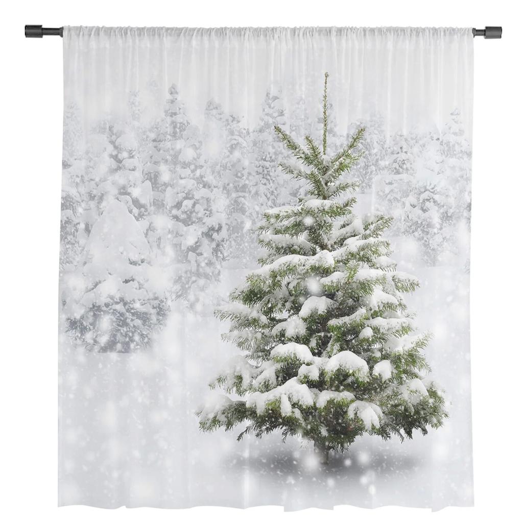 Christmas Tree Print Curtain Bedroom Living Room Cafe Xmas Snowflake Winter Semi Drape Voile Window Treatment Sheer For Sitting Made Of Polyester