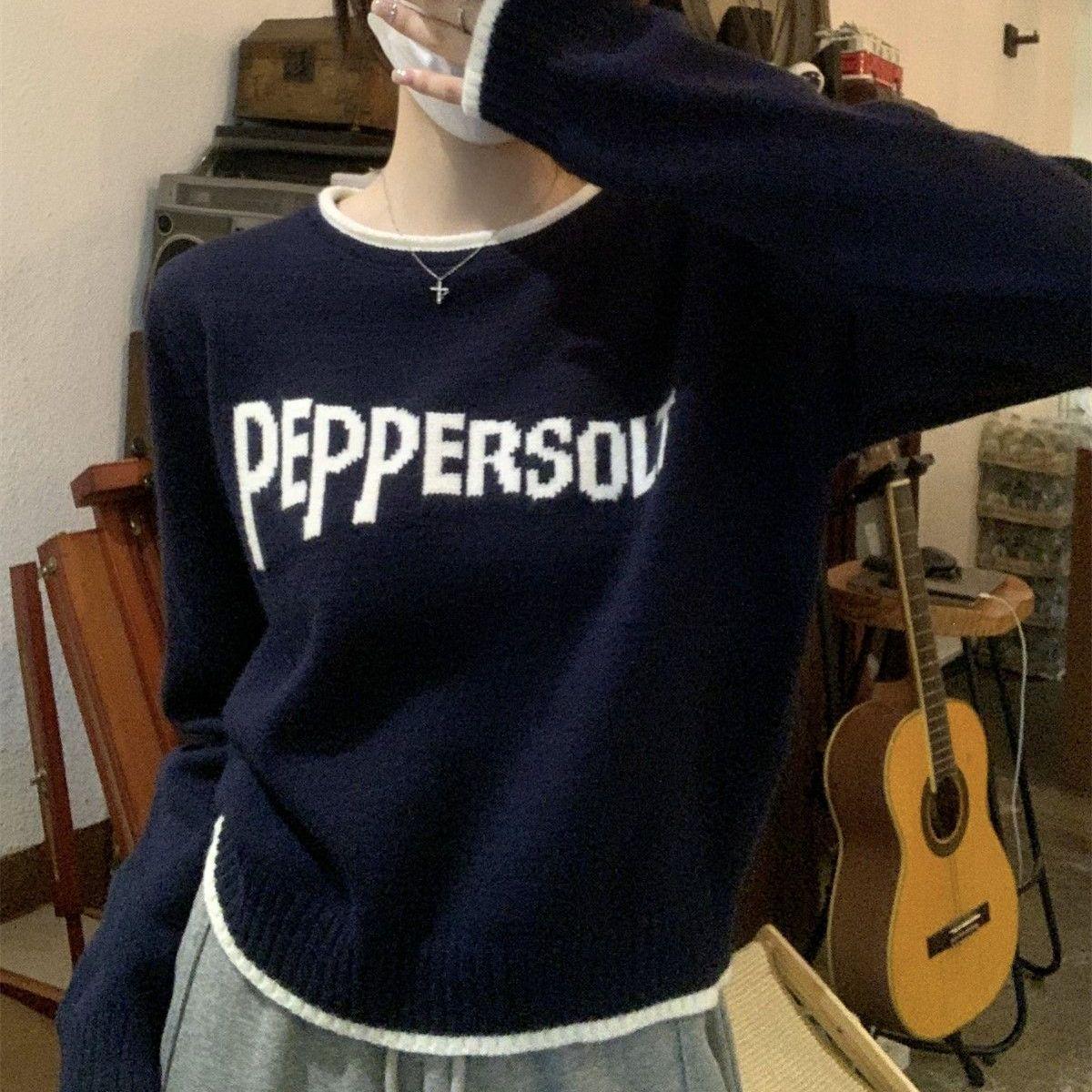 

Вязаный свитер с вышивкой в корейском стиле - Женская коллекция осень/зима 2025, колор-блок One Size синий