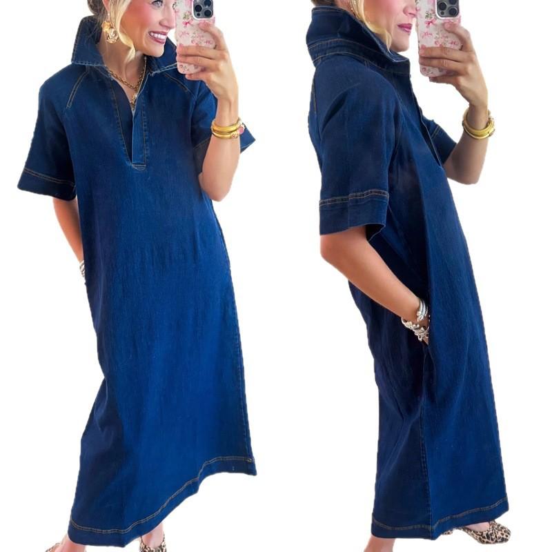 Spring and Summer Fashion Flowing-Effortless Style Denim Dress with Collar and Partially Opened Front Sleeveless Long Dress for Women
