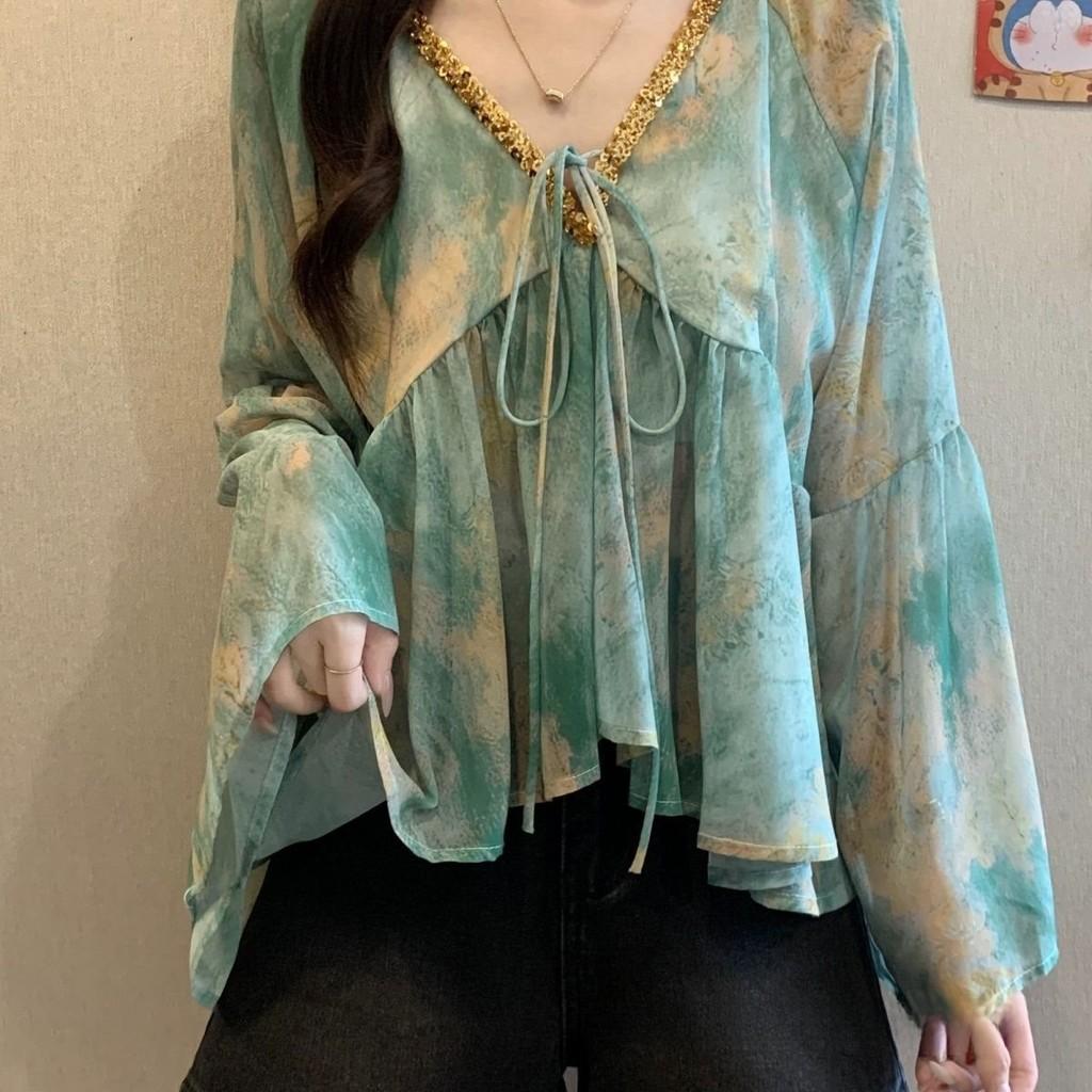 Sommer Chiffonbluse mit 3D-Druck und V-Ausschnitt für Damen