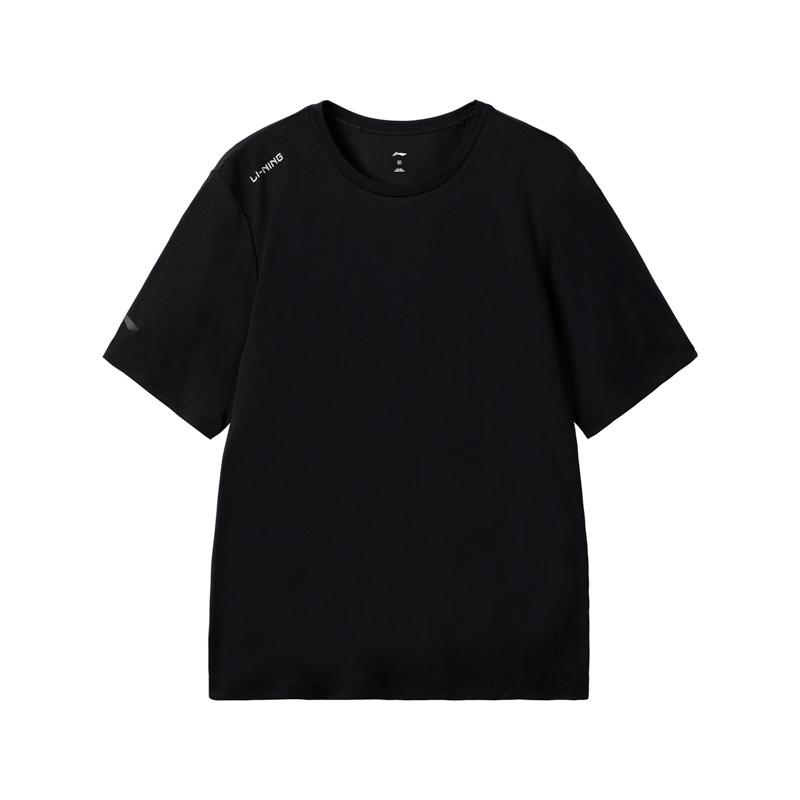 Li-Ning Модная универсальная однотонная футболка с круглым вырезом, короткий рукав, мужские топы, черный ATSW623-1 S