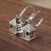Vintage Simple Silvery Plated Metal Hand Carve House Shaped Design Dangle Earrings Women Creative  Festival Jewelry Gifts