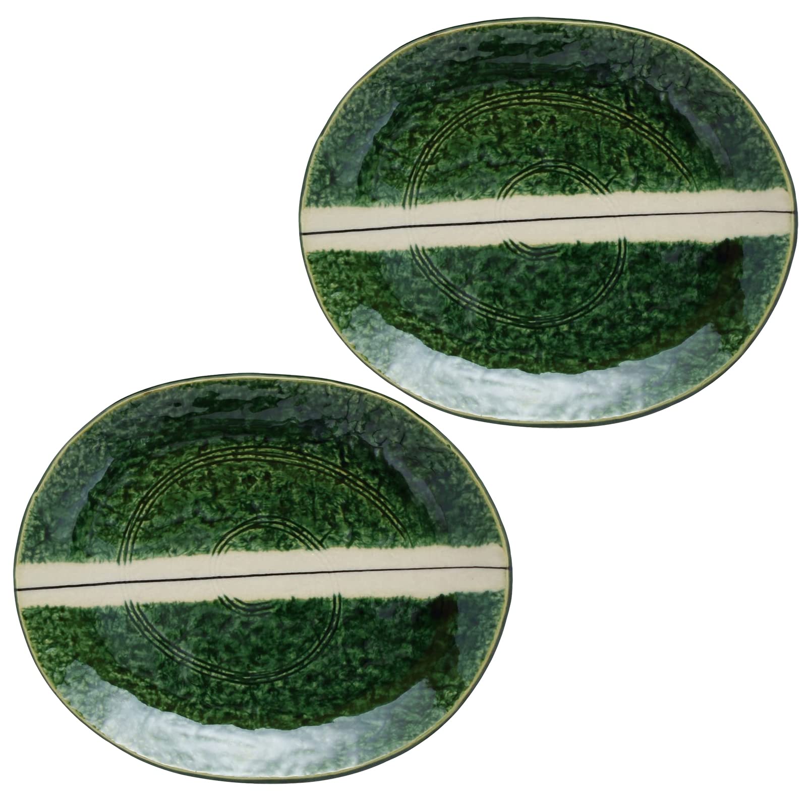 

Mino ware Yamasaku Kiln Ichinen Oribe oval plates, approximately 22cm in diameter, set of two, made in Japan, product number 520-0085p