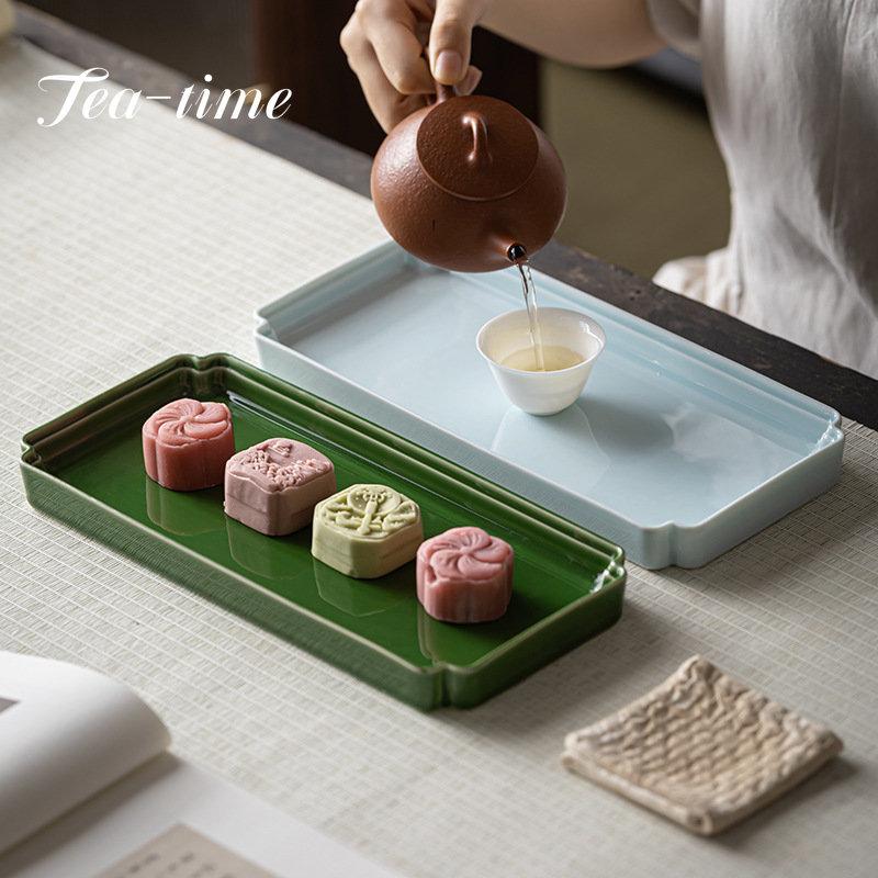 Boutique Chinese Style Rectangle Tea Tray Multipurpose Ceramics Pot Bearing Dry Bubble Tray Household Dessert Fruit Plate Gifts