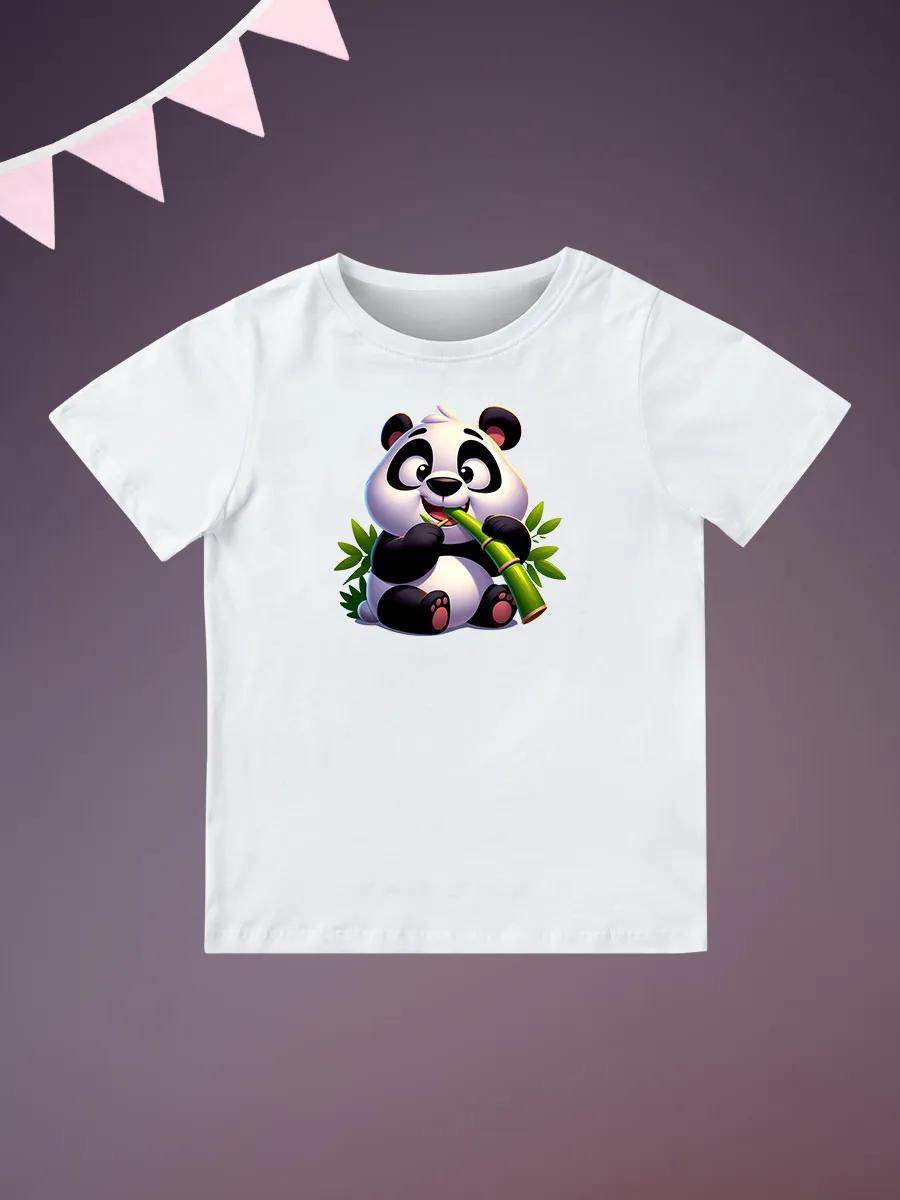 Round Neck Printed Pattern Pullover Short Sleeve Kids Tops Panda 100