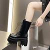 Women's Punk Platform Boots Autumn Spring New Gothic Leather Mid-Calf Boots Lace-Up Chunky High Heel Streetwear Motorcycle Botas