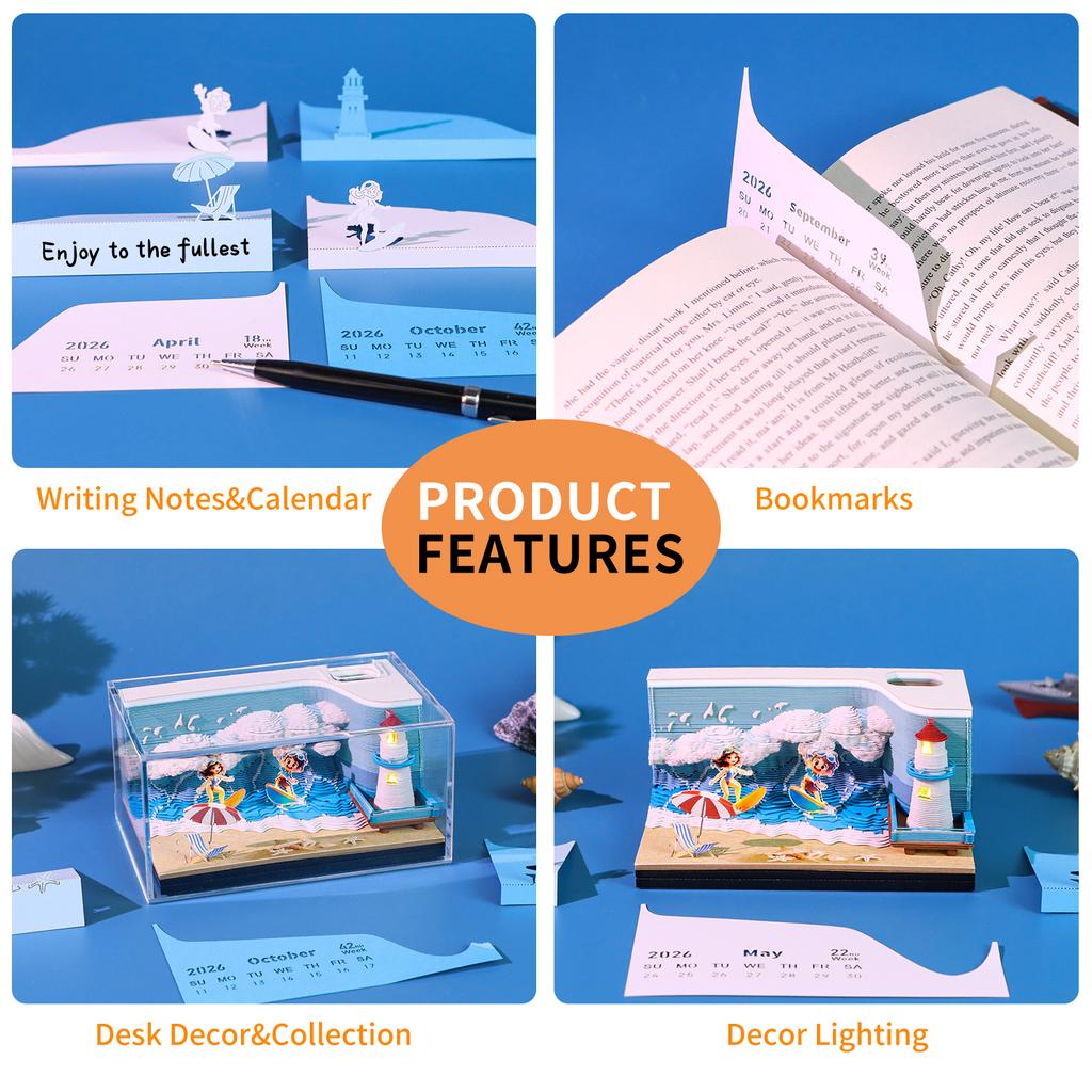 Bloc-notes détachable Thème Surf Calendrier Hebdomadaire Bloc-notes Art 3D La Grande Vague avec Lumière et Trou pour Stylo