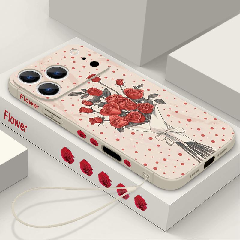 Étui Cordon Motif Fleurs Roses Rouges Pour iPhone 17 Pro Max Funda iPhone 16 15 14 13 Pro Max 11 16E 17E Coque Souple en Silicone