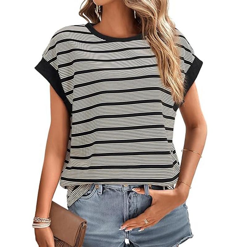 Summer Women's New Round Neck Striped Knitted T-shirt Fashionable Loose and Versatile Contrasting Color Top