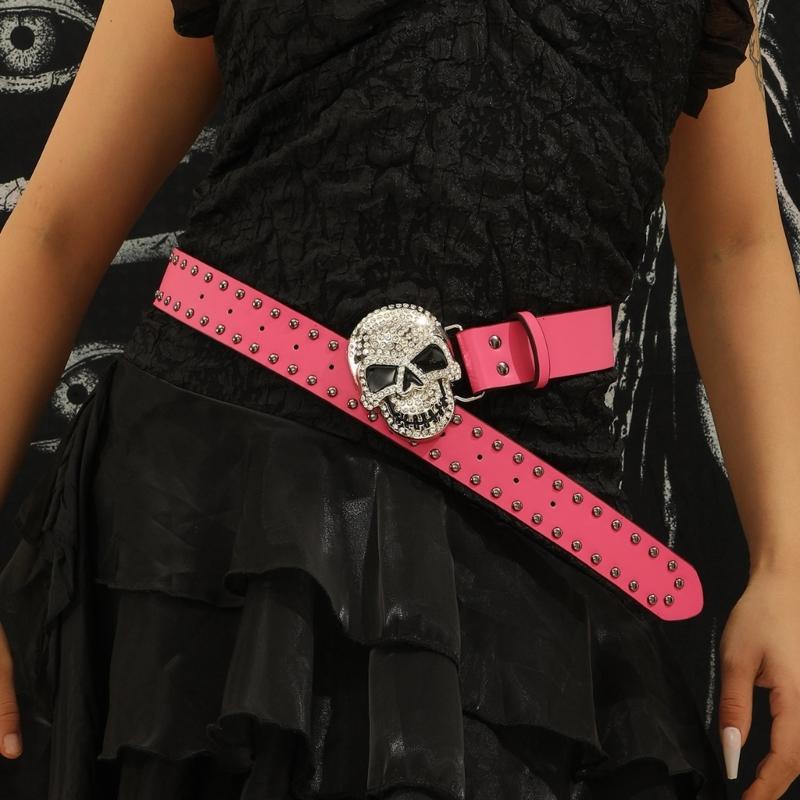 Rhinestones Skull Buckle Belt for Women Men with Rivet Studded Hiphop Belt for Jeans Popular Rockers Waist Accessories