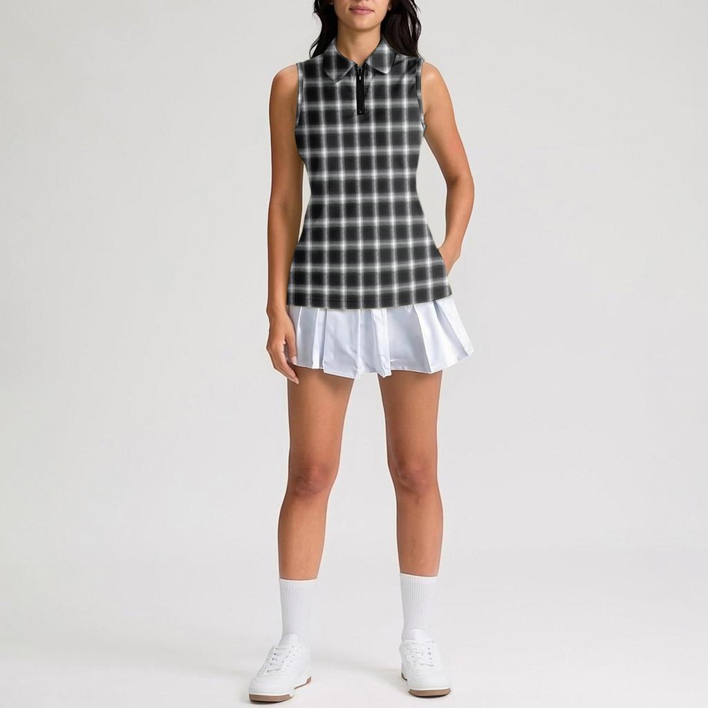 Women Sleeveless Golf Polo Shirt Zip Collar Plaid Print Athletic Tank Top for Sports and Outdoor Activities