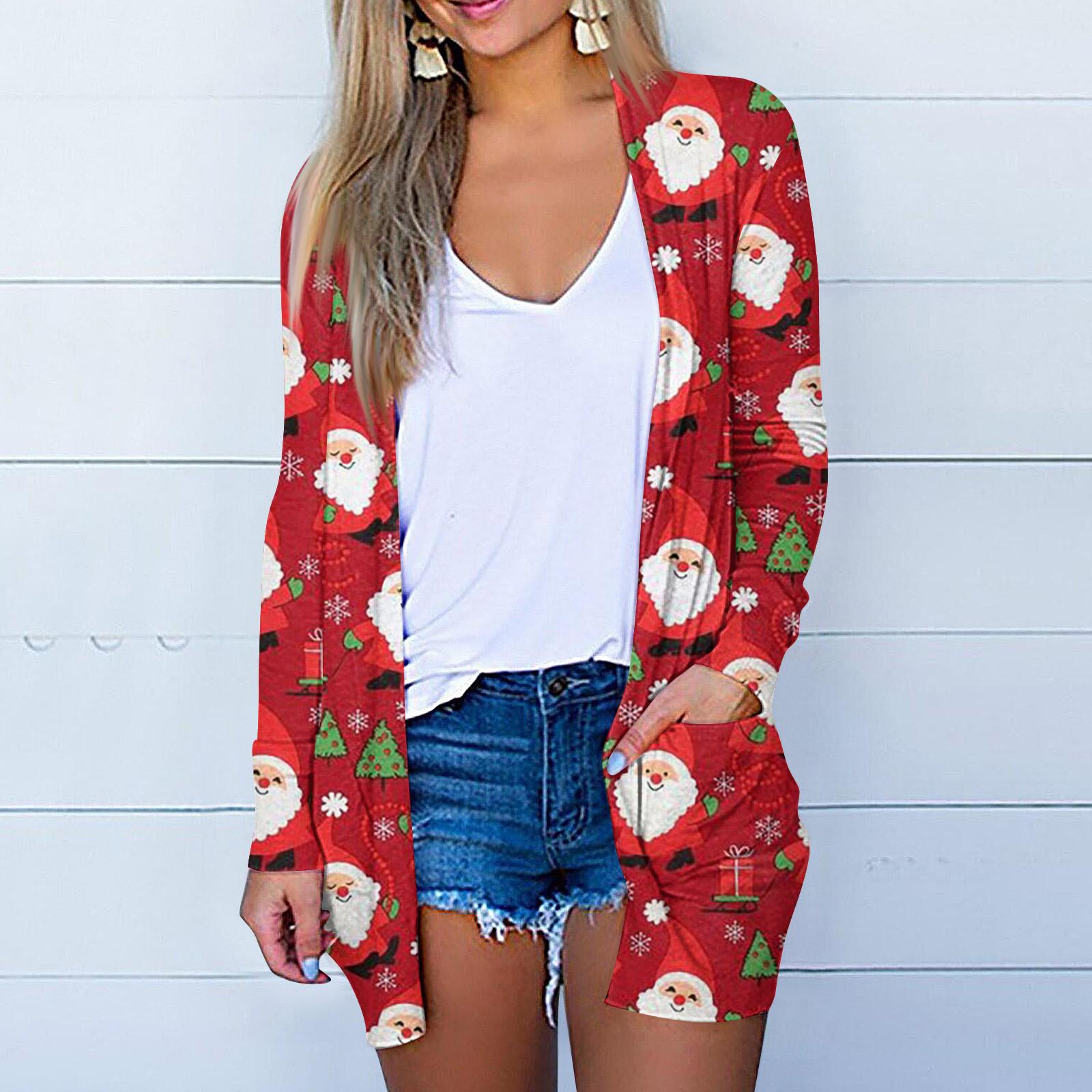 

Жіночий модний повсякденний різдвяний принт із кардиганом середньої довжини, пальто з кишенею XXL червоний