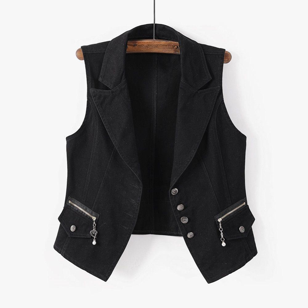 Women's Short   Denim Vest  Spring   Slim Sleeveless Jacket Vest Single-breasted Solid Color Top