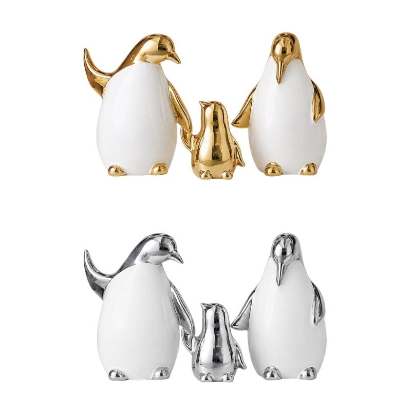 Elegant Ceramic Penguins Family Ornament 3Pcs Animal Sculpture Set Modern Home Office Decors