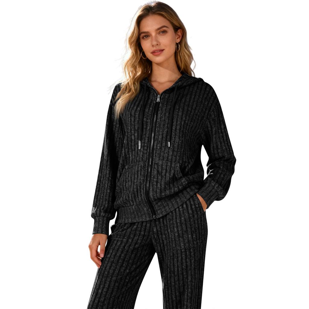 Trainingsanzüge Damen 2-teilig Kapuzenpullover mit Reißverschluss und Taschen & Hose mit elastischem Bund, Weiches, dehnbares Herbst-Winter-Outfit