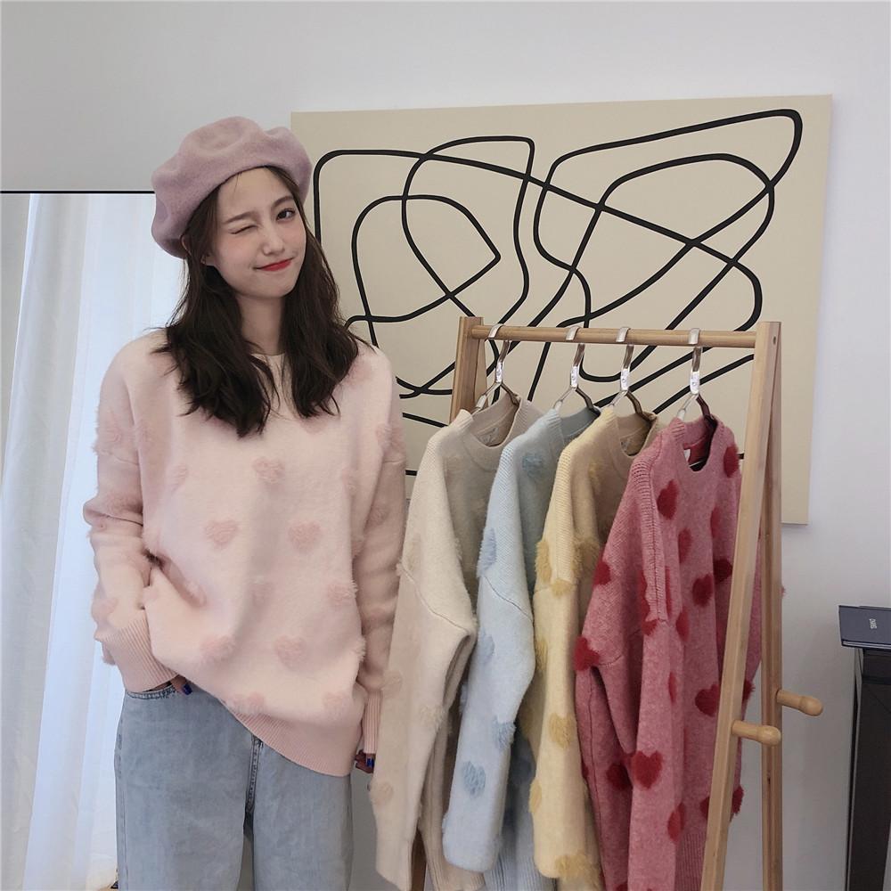 Korean Style Heart Pattern Crew Neck Loose Knitted Sweater S