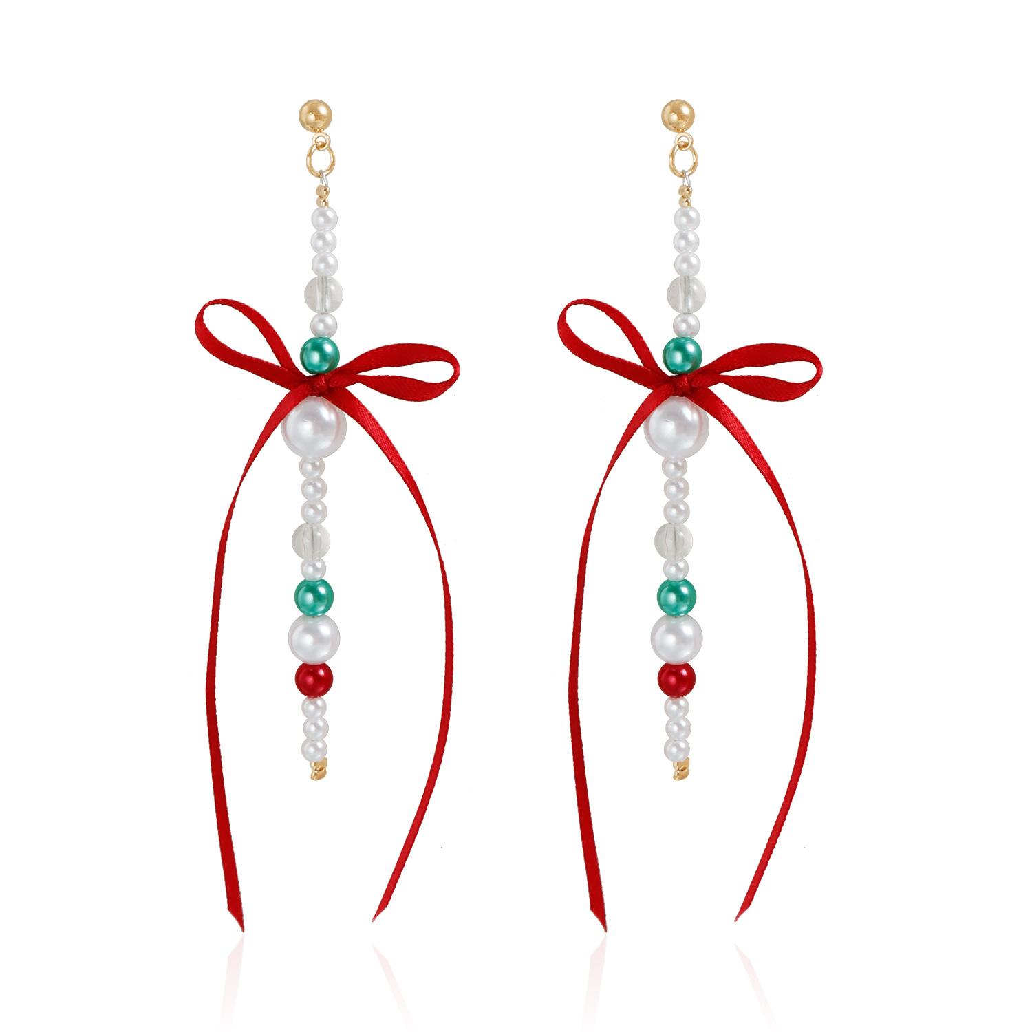 

Christmas knot butterfly ribbon pearl earrings ins color matching style new year gift stud earrings золотой