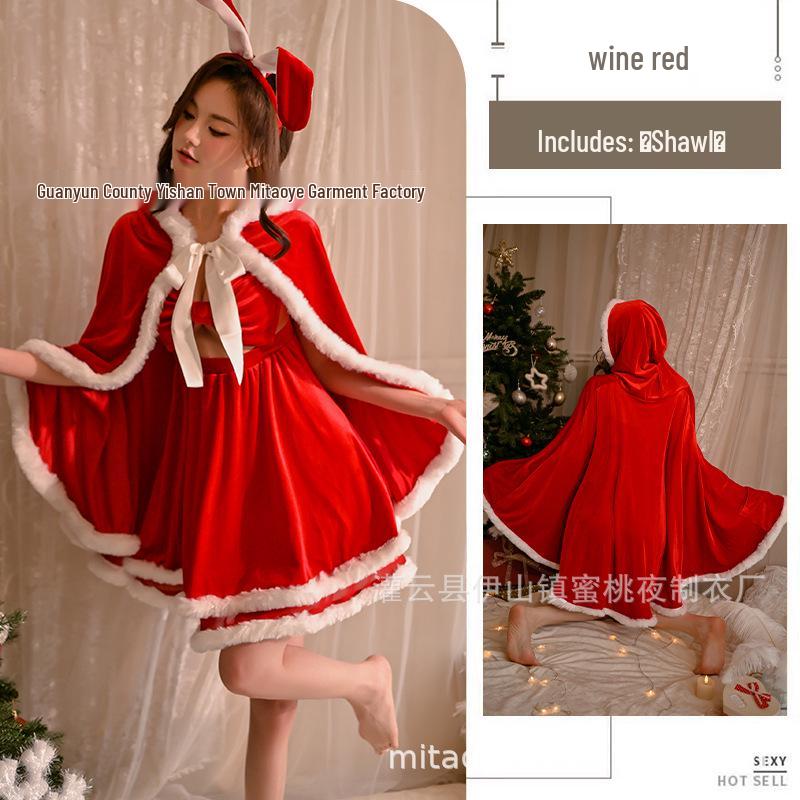 

Red Plush Shawl Lingerie - Christmas Role-Play Tie-Up Cape One Size