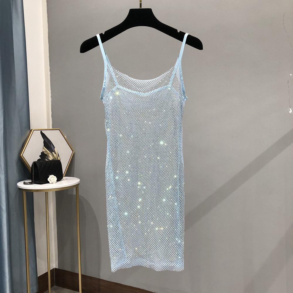 

European & American Holiday Style AB Colored Diamond Sexy Suspender Skirt for Club or Nightclub Singers One Size небесно-голубой