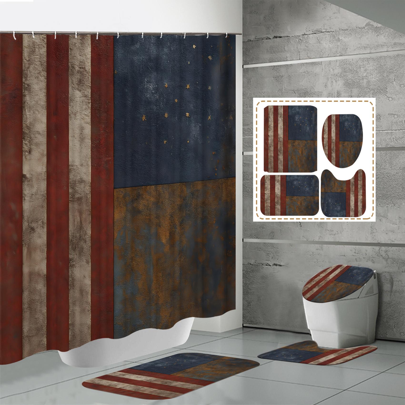 

4 ШТ. Наборы штор для душа со шторкой для душа и ковриками, коврик для крышки унитаза, U-образный коврик и коврик для ванной, набор для ванной комнаты с 12 крючками One Size