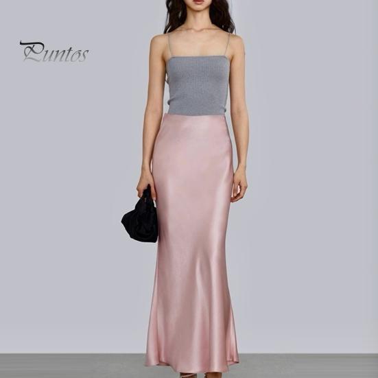 Spring Summer Maxi Skirt Women High Waist Silky Texture Long Skirt Solid Color Smooth Satin Fishtail Long Skirt