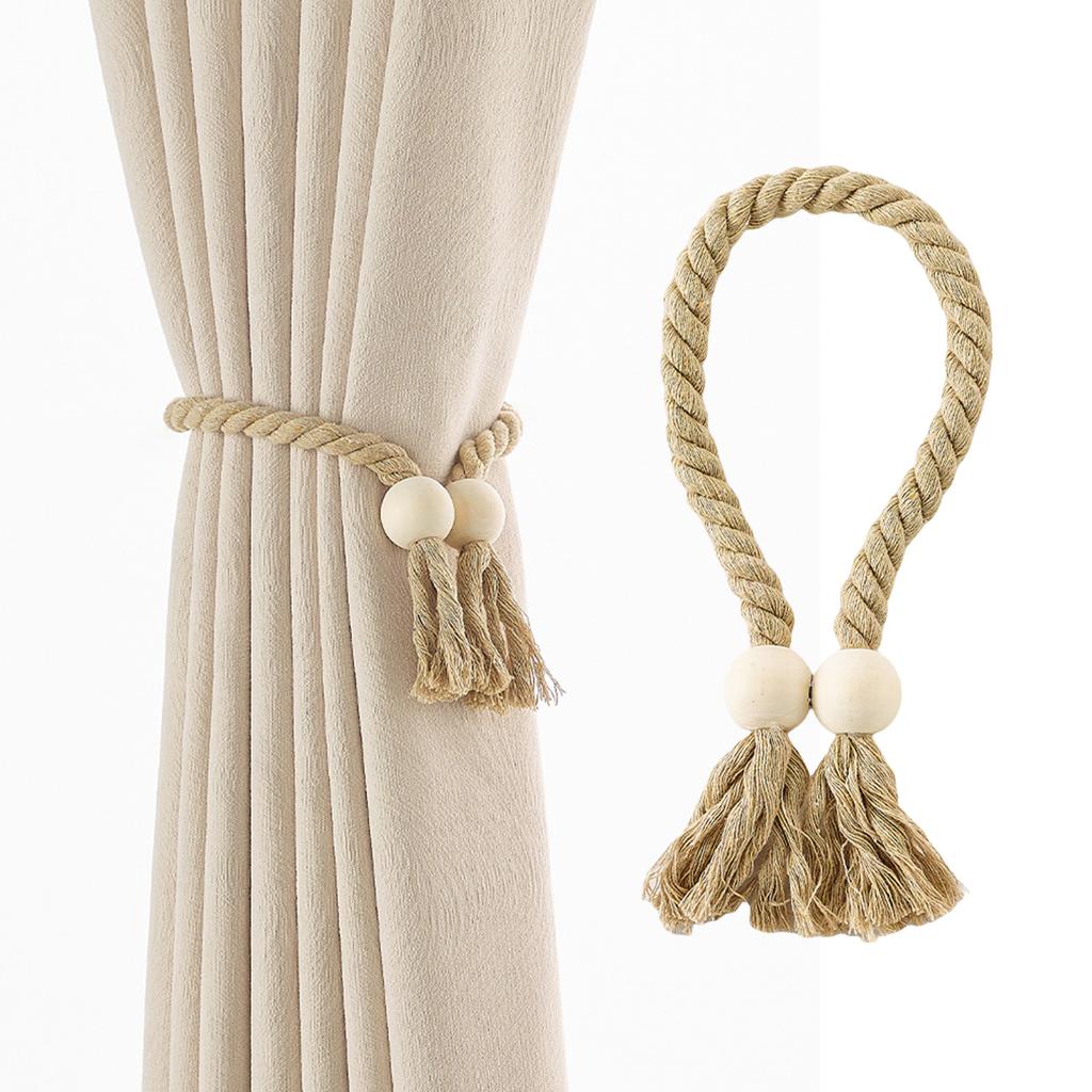 Embrasses de Rideaux Magnétiques Lot de 2 Embrasses en Corde de Coton Tressée à la Main avec Glands Perles en Bois Liens pour Rideaux Décorations d'Intérieur