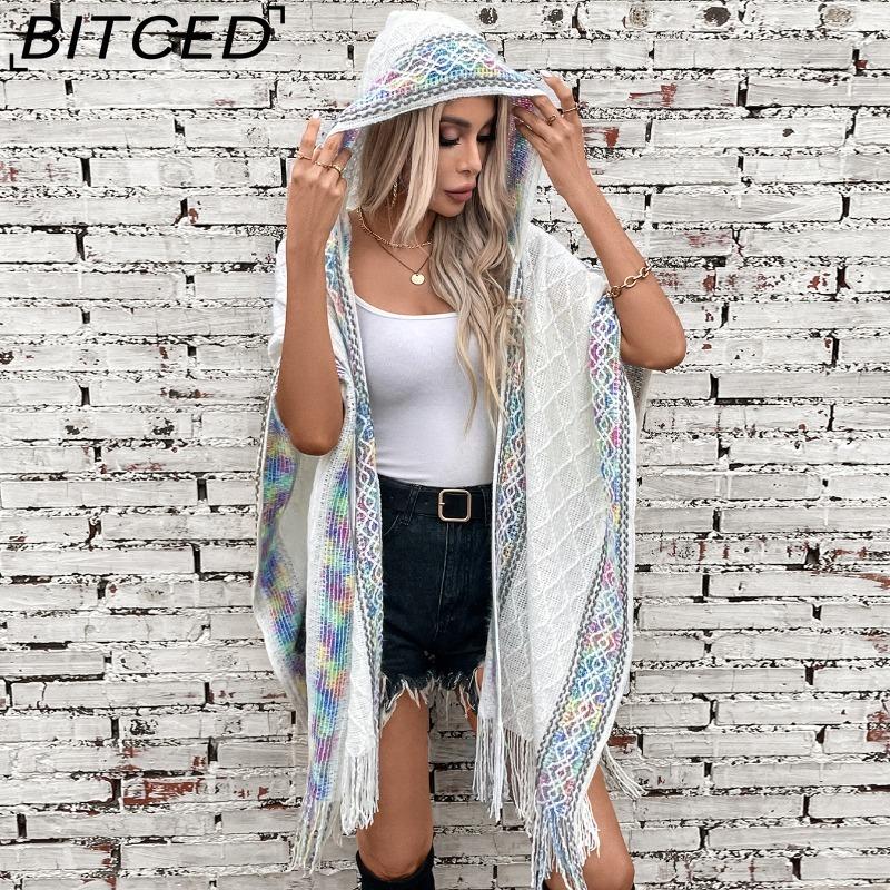 BITCED Fall/Winter Ethnic-Style Knit Hooded Fringe Cape Sweater Shawl Women's Outerwear