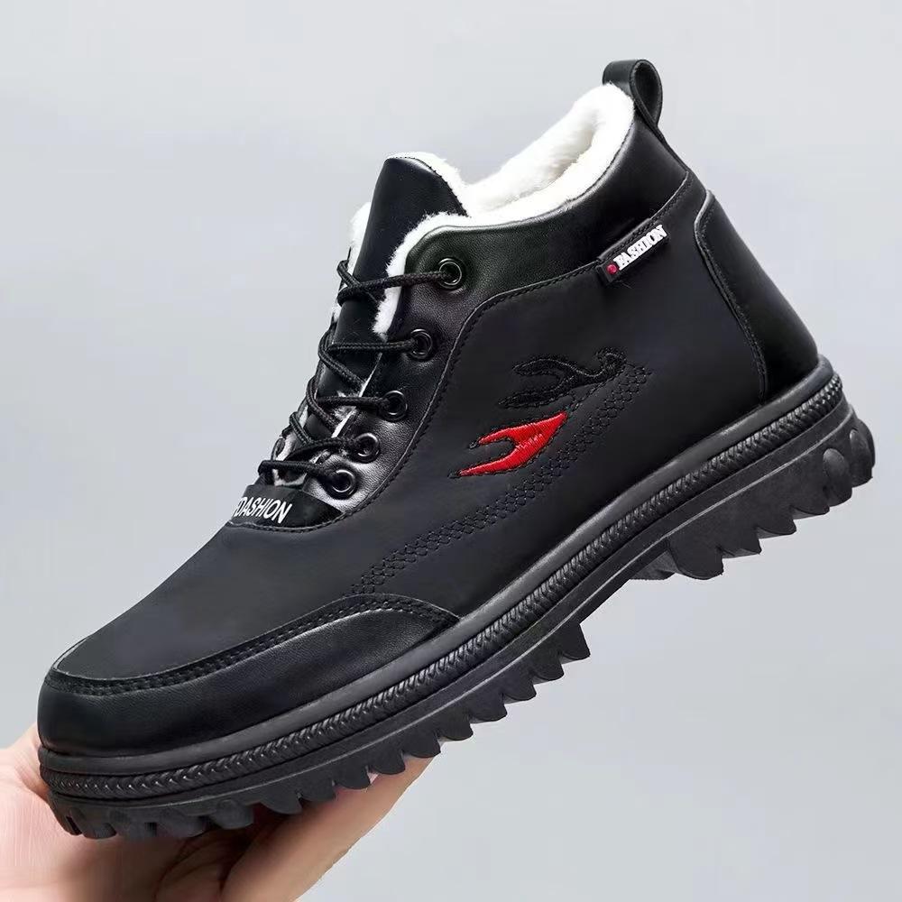 

Winter new velvet thickened men s high-top cotton shoes men s snow boots thick-soled non-slip leather waterproof dad cotton shoes 44
