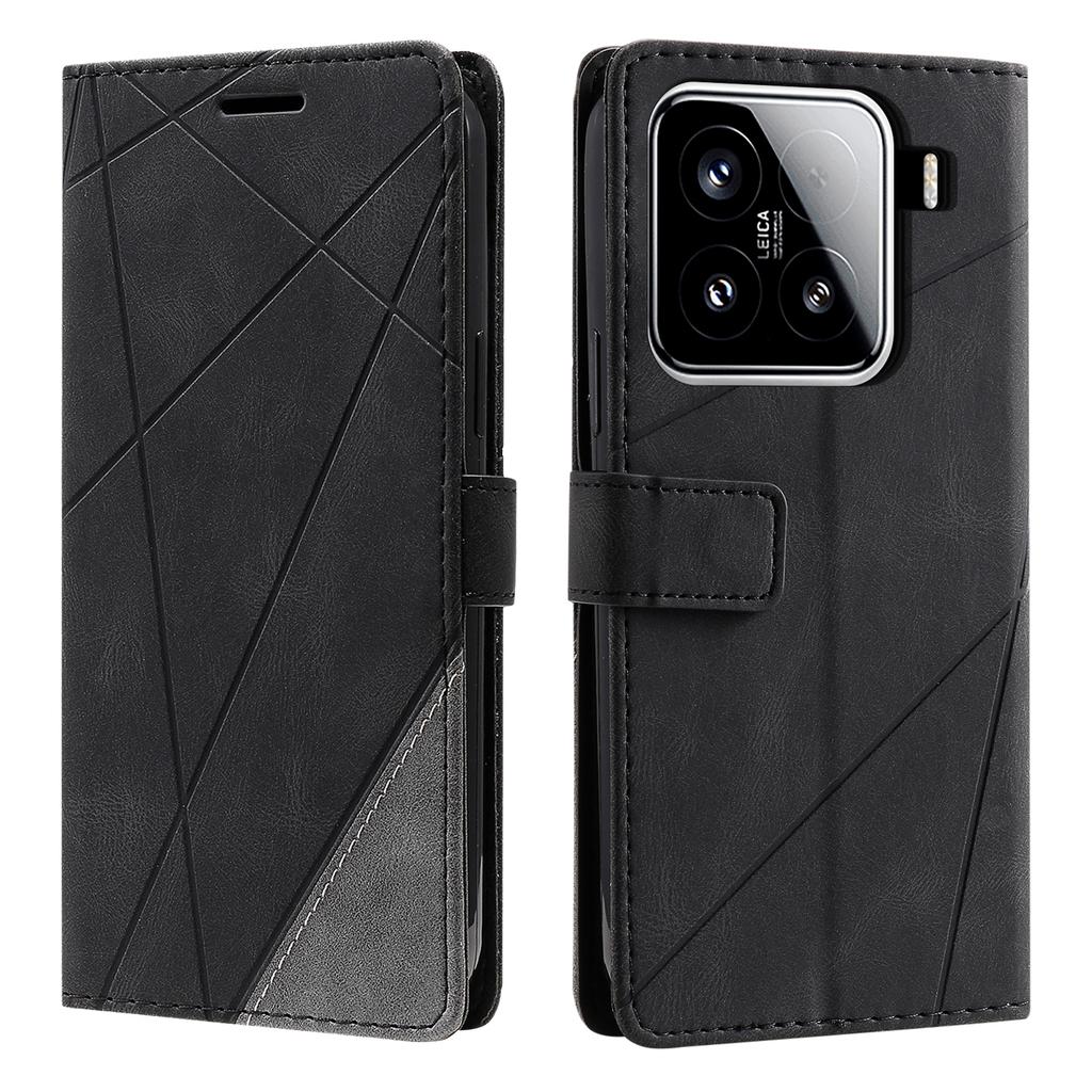 For Xiaomi 15 Case Imprinted Lines PU Leather Splicing Wallet Phone Cover with Wrist Strap