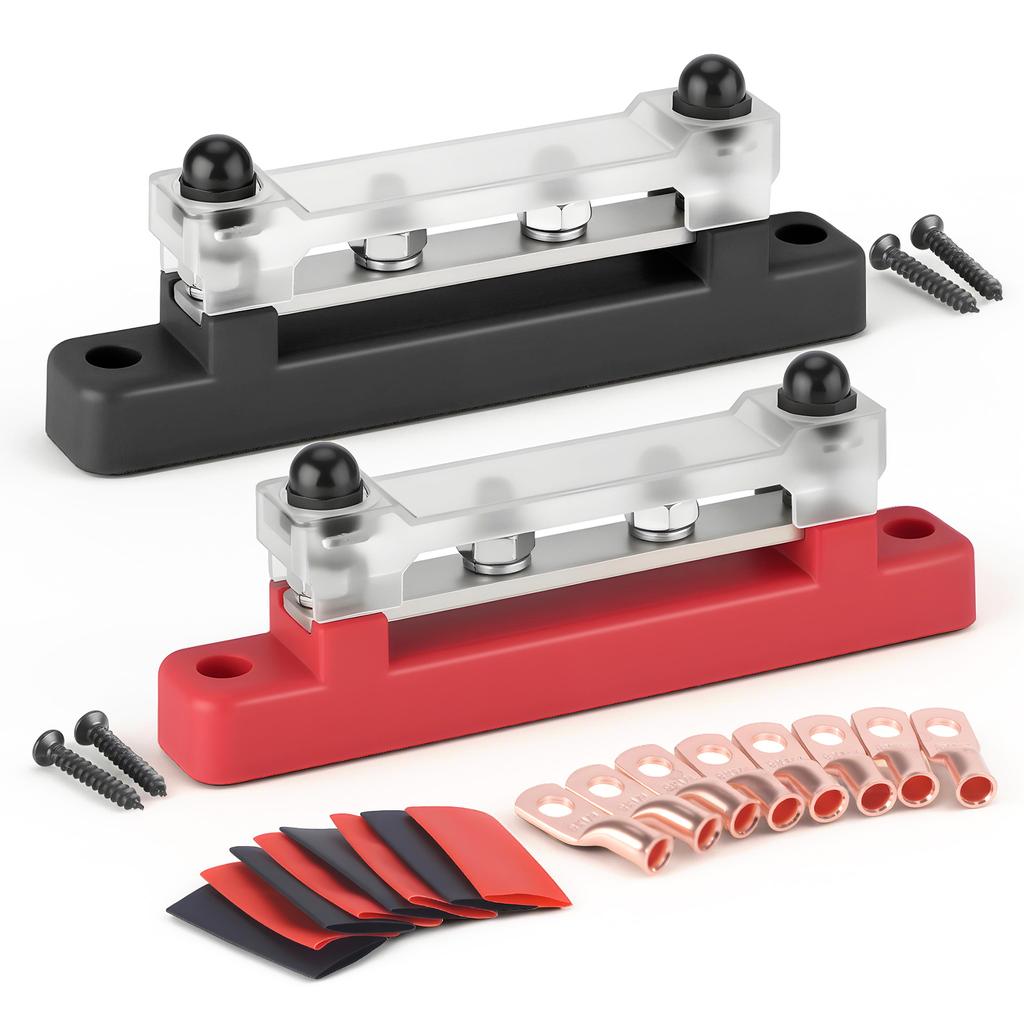 Bloc de distribution d'alimentation à 4 bornes 48V 150A Goujon M6 1/4" Barre omnibus en cuivre nickelé Pour câblage marin, automobile, camping-car, solaire Borne rouge