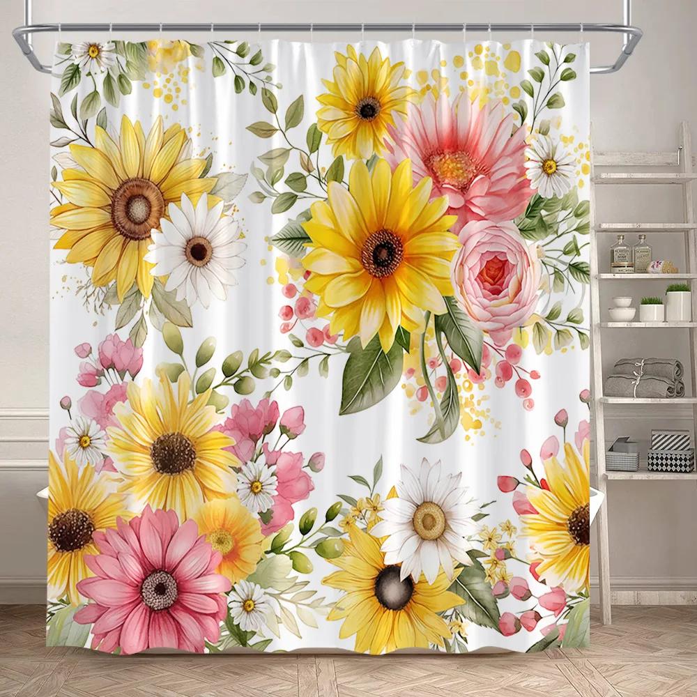 

Floral Sunflower Shower Curtains Butterfly Hummingbird Watercolour Flowers Plants Bath Curtain Modern Polyester Bathroom Decor W90XH180cm