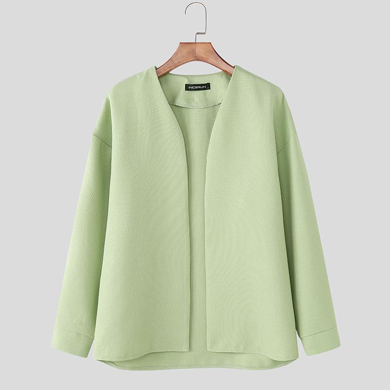 

INCERUN Men Collarless Long Sleeve Open Front Casual Loose Texture Coat Cardigan L