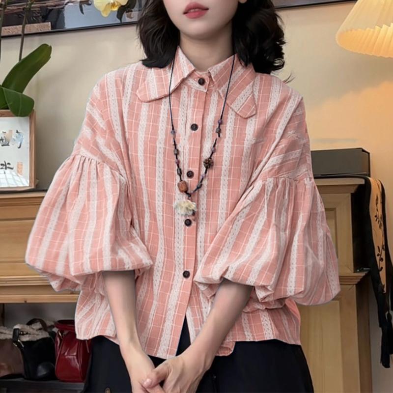 

ZANZEA Women Casual Turn Down Collar Lantern 3/4 Sleeve Loose Print Blouse M розовый