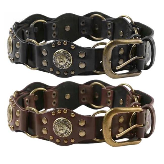 Cowboy Western Style Belt Denim Skirt Faux Leather Waistband Adjustable Length Multi Holes Design Brown Wide Belt