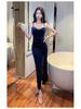 Gold Velvet Rhinestone Evening Gown for Women with Waist-Cinching Slim Fit and Split Strap Design